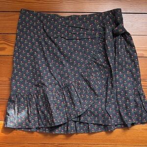 Floral Faux Wrap Ruffle Skirt - Black with Pink Flowers